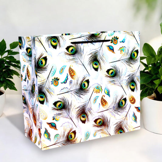 Peacock Feather Design Horizontal Paper Bag Medium 12 Pcs (12.2x10 inch)