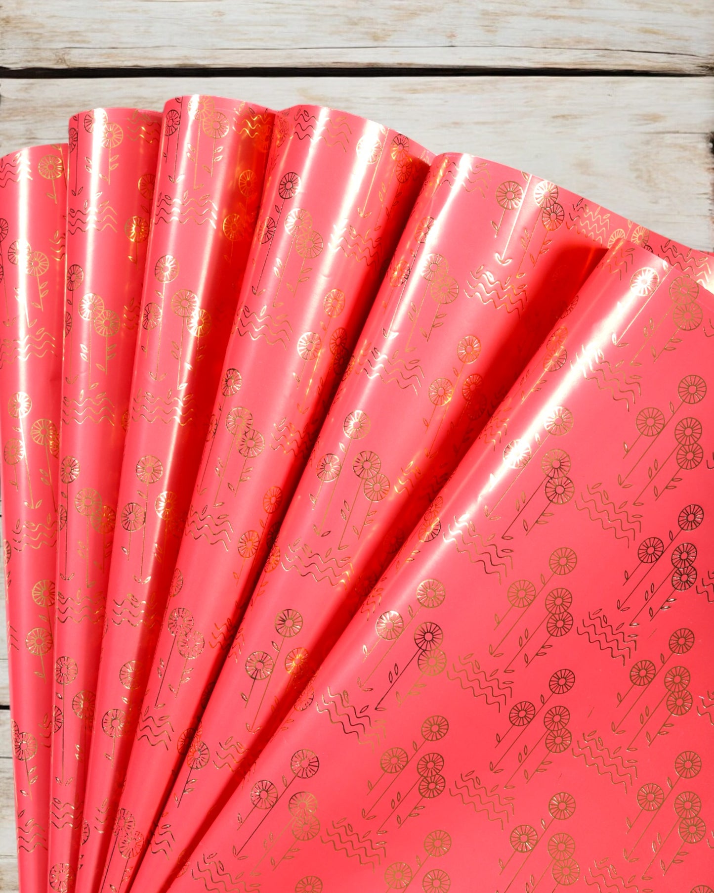 Pastel Red Gift Wrapper With Flower Gold Accents   {Pack Of 10 Sheets}