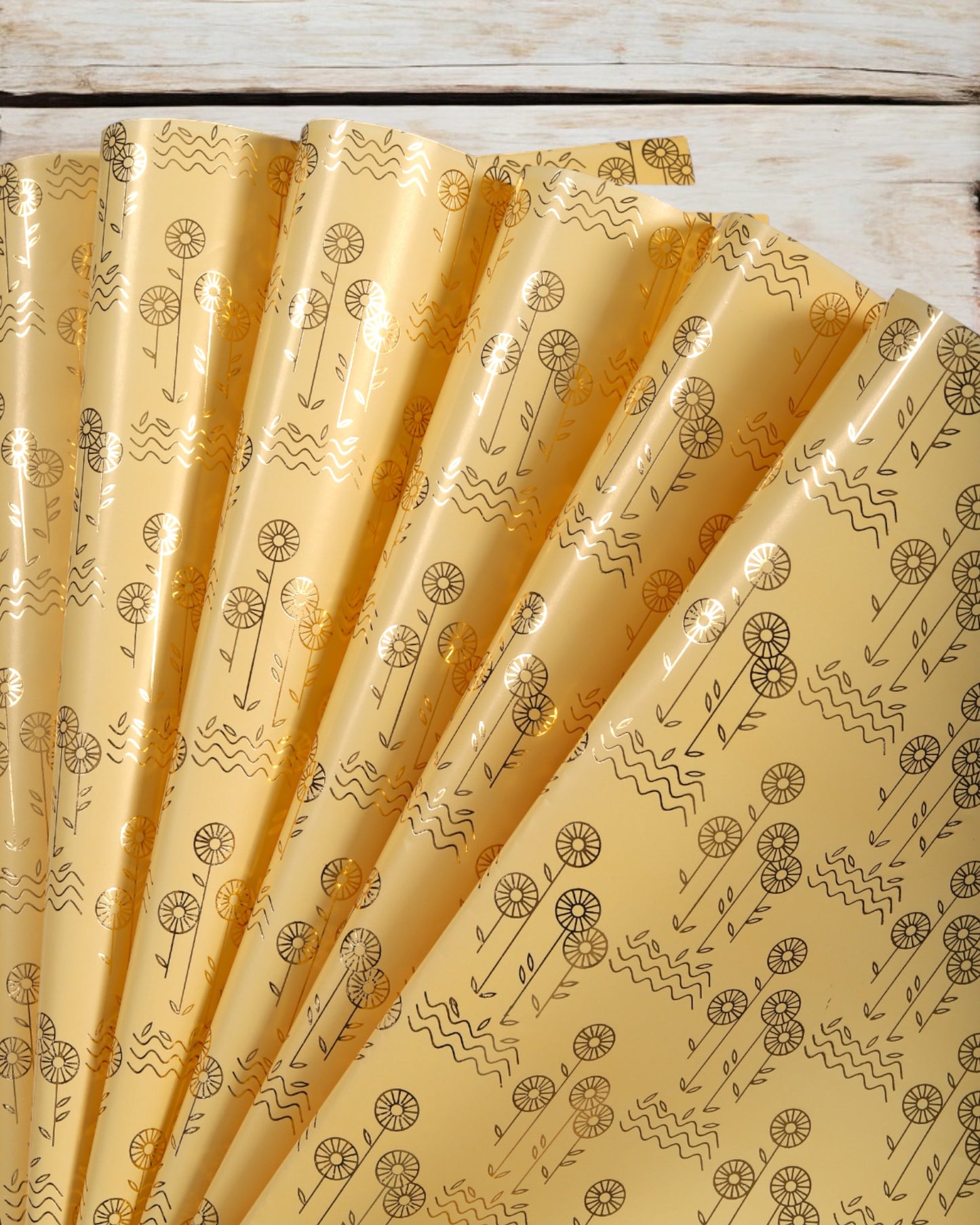 Pastel Yellow Gift Wrapper With Flower Gold Accents   {Pack Of 10 Sheets}