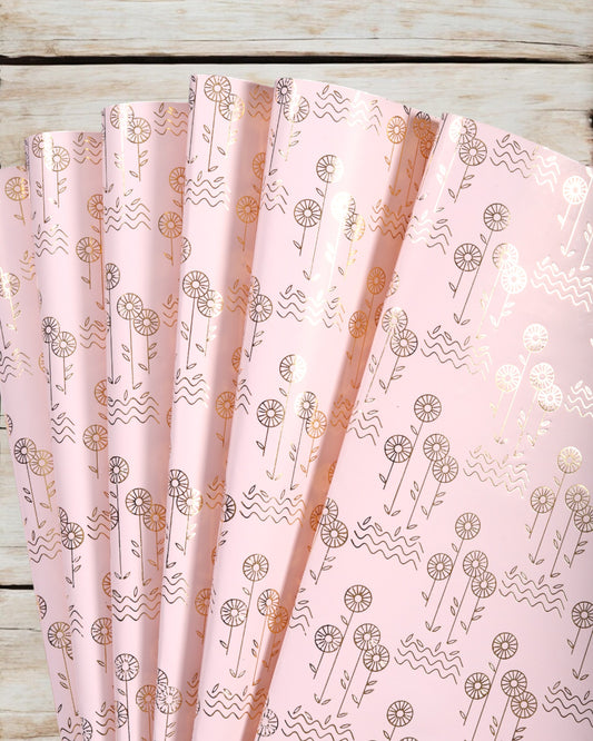 Pastel Baby Pink Gift Wrapper With Flower Gold Accents   {Pack Of 10 Sheets}