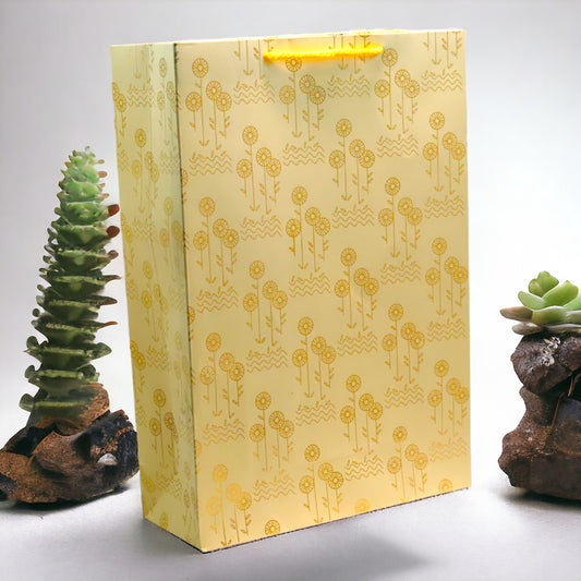 Paper Bags Gold Flower Foil Print  12 Pcs Medium Size  (10 x 14 inch) Pastel Yellow